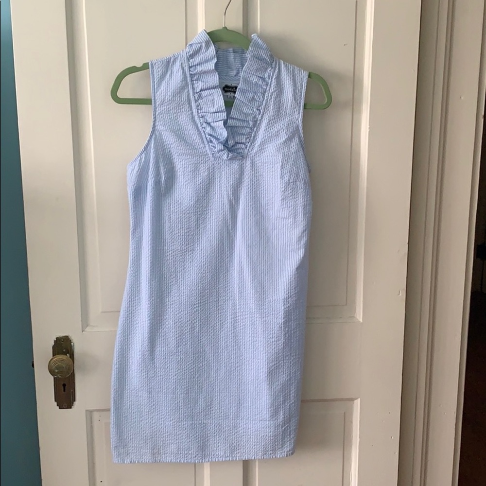 Blue seersucker ruffle-neck dress
